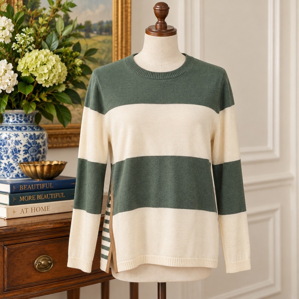 Talbots XL Green & Ivory Colorblock Striped Sweater Side Slit